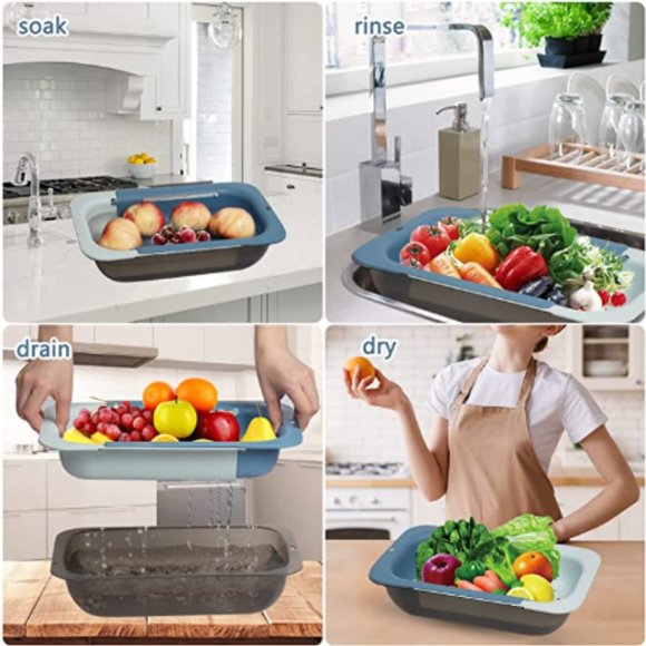 Extendable Over-the-Sink Kitchen Strainer - Colander Basket Set w/ Bowl (Blue) - Picture 3 of 11